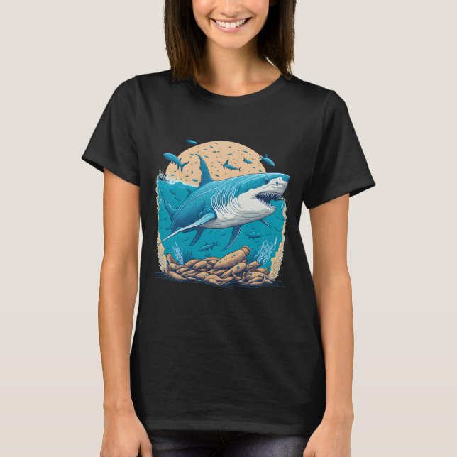 Stor vit haj som simmar med små fiskar t shirt (Framsida)