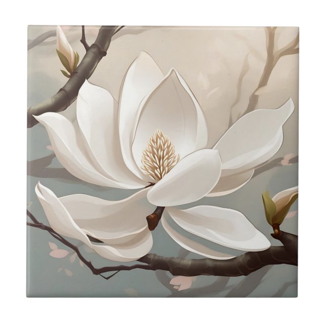 Stor vit Magnolia Flower Kakelplatta (Framsidan)