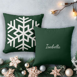Stor vit snöflinga på skogsgrön monogram kudde
