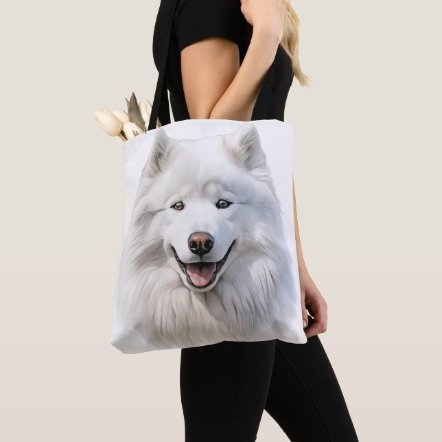 STOR VITFLUFFY SAMOYED HUND TYGKASSE (Närbild)