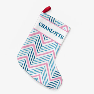 Stor Zag-chevron i rosa + akvatisk personlig Liten Julstrumpa