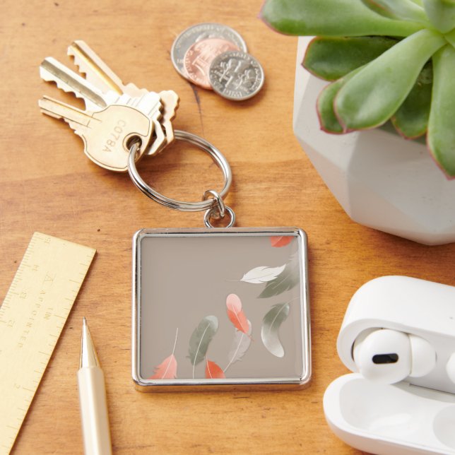 Stora (2 tum) Flytande fjädrar, Premium Square Fyrkantig Silverfärgad Nyckelring (Skrivbord)