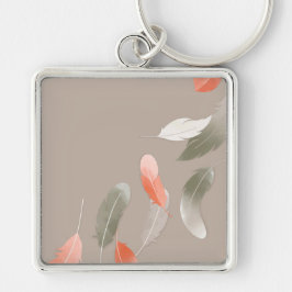 Stora (2 tum) Flytande fjädrar, Premium Square Fyrkantig Silverfärgad Nyckelring