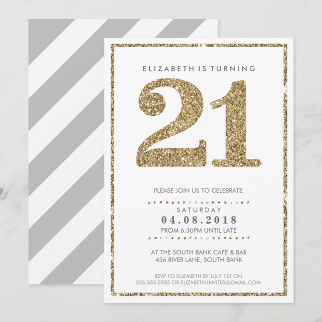 STORA ÅLDERSNUMMER INBJUDAN moderna 21 guld glitte (Fram/baksida)