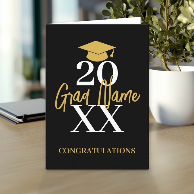 Stora året - Namn och Kap - Svarta Guld Studenten Kort (Custom Graduation Greeting Card - Add the Graduate's Name)
