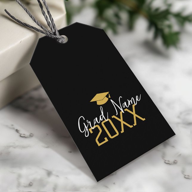 Stora året - Namn och Kap - Svarta Guld Studenten Presentetikett (Custom Graduation Gift Tag - Modern Black and Gold Design)