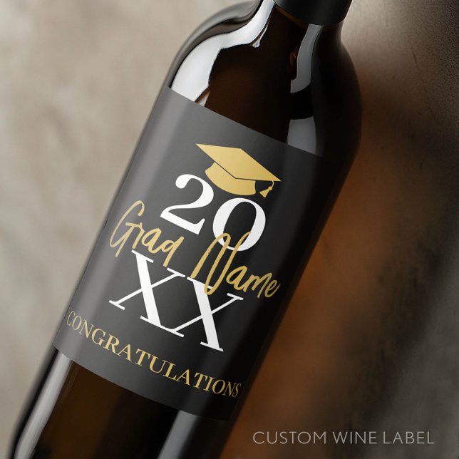 Stora året - Namn och Kap - Svarta Guld Studenten Vinflaska Etikett (Custom Graduation Wine Label - Celebrate the Graduate!)