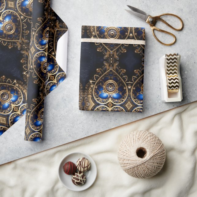 Stora blåa och guld-steampunk mönster presentpapper (Hantverk)