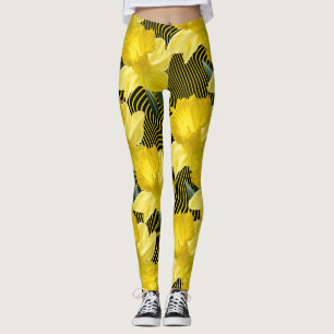 Stora blom- påskliljar vågigt den gula randen p leggings