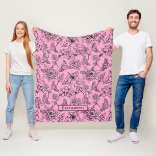 Stora blommarna blommönster rosa personlig namn fleecefilt