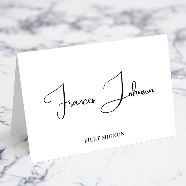 Stora Bokstavliga Menyval Placeringskort Bordsnummer (Bettina Decorative Script Individual Place Cards with Meal Choice Option in ALL CAPS)