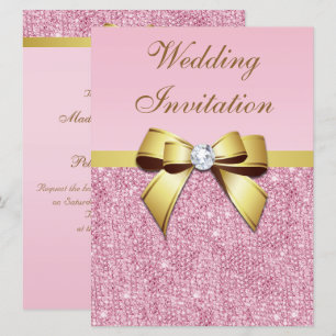 Stora Bröllop Faux Rosa Sequins Guld Bow Inbjudningar