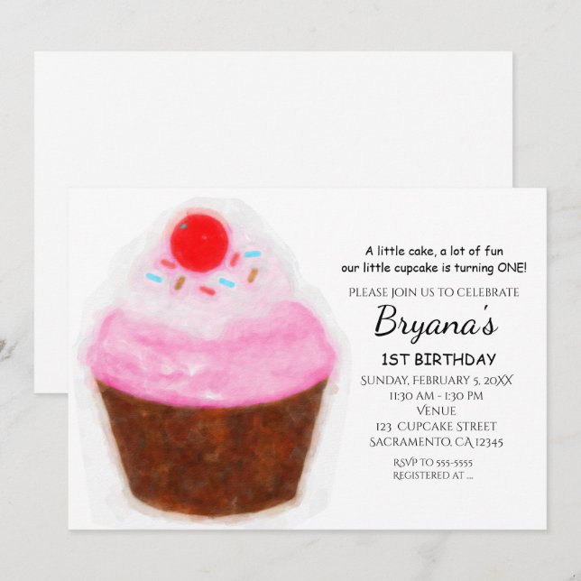 Stora Cupcake & Körsbär Vattenfärg Festinbjudninga Inbjudningar (Fram/baksida)