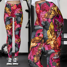 Stora Dödskalle Svärmare Gotiska Korp Rosor Leggings