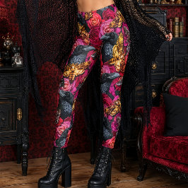Stora Dödskalle Svärmare Gotiska Korp Rosor Leggings