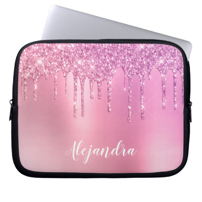 Stora droppar rosa ros guld & lila glitter laptop fodral (Framsidan)