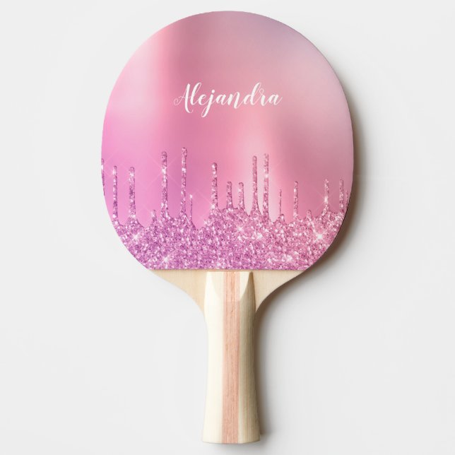 Stora droppar rosa ros guld & lila glitter pingisracket (Framsidan)