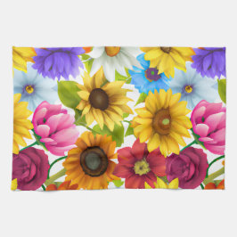 Stora, feta, botaniska färgade blommor kökshandduk