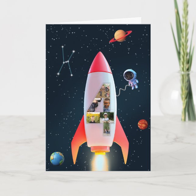 Stora fyra med foton | 4e födelsedagen Space Rocke Kort (Framsida)