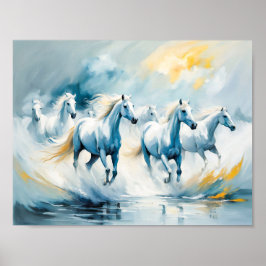 Stora grupper av vita hästar som går genom sjön poster