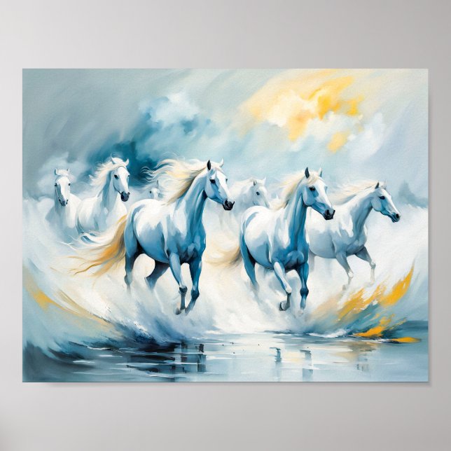 Stora grupper av vita hästar som går genom sjön poster (Framsidan)