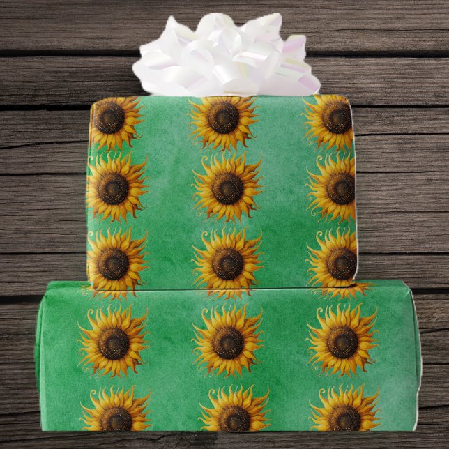 Stora gula solrosor Snygga kronblad på grönt Presentpapper (Big yellow brown sunflowers fancy petals on green roll of gift wrapping paper.)
