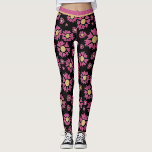 Stora Guld Rosa Glitter Girly Daisy Flowers on Bla Leggings
