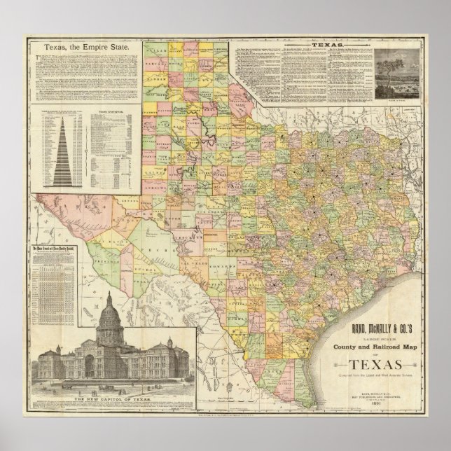 Stora  länet och Järnvägen Karta i Texas Poster (Framsidan)