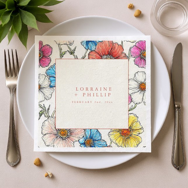 Stora ljusa vilda blommor vigsel servett (Large bright wild flowers wedding napkin.)
