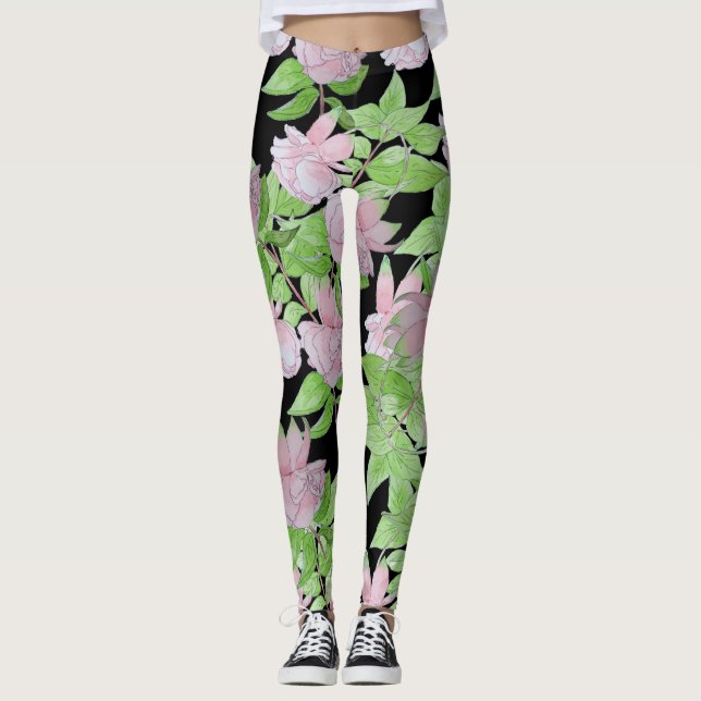 Stora och djärva söt rosa blommor och blad blommig leggings (Framsida)