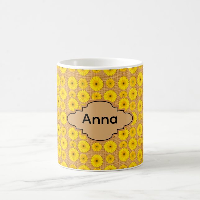 Stora och små solrosor på säckväv kaffemugg (Center)