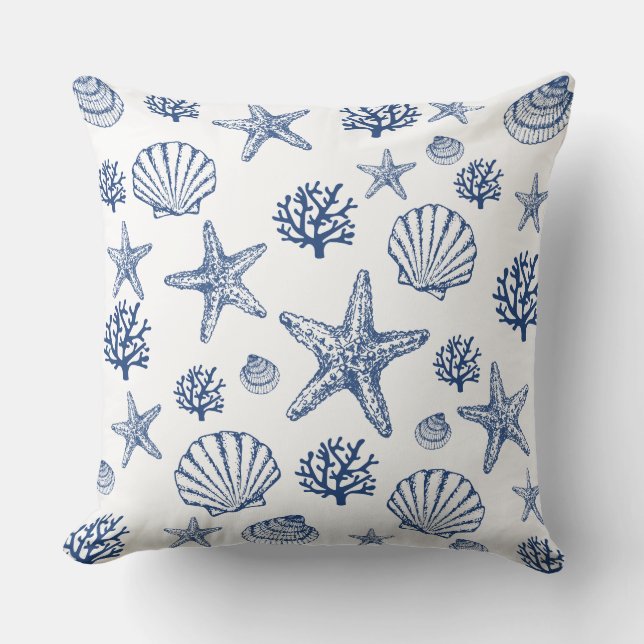 Stora Pillow Navy White Sea Snäcka Mönster Kusten Kudde (Framsida)