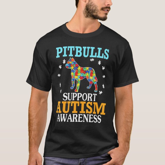 Stora Pussel Hjärtat Pitbulls Stöder Autismmedvete T Shirt (Framsida)