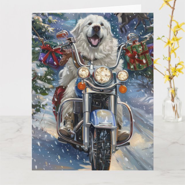 Stora Pyrenéerhund Ridande Motorcykel Jul Kort (Gul blomma)
