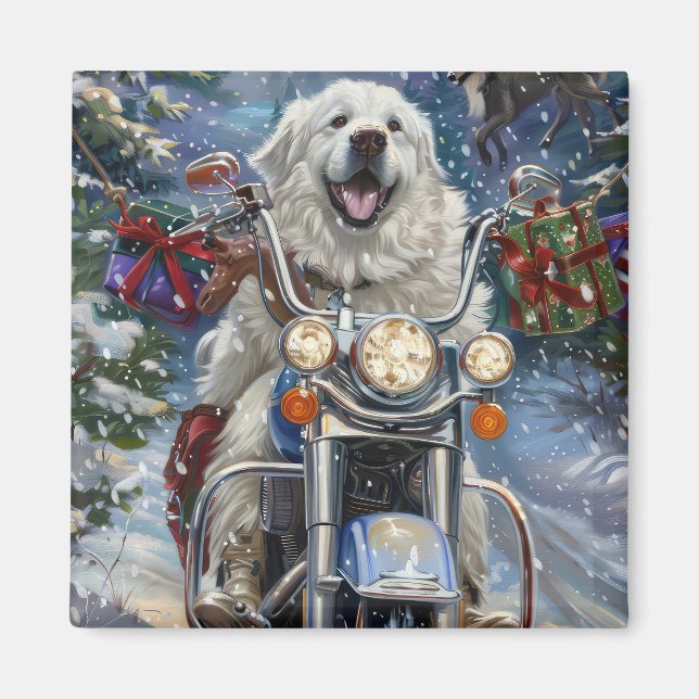 Stora Pyrenéerhund Ridande Motorcykel Jul Magnet (Framsidan)