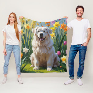 Stora Pyrenéerhund vårblommor målning Fleecefilt