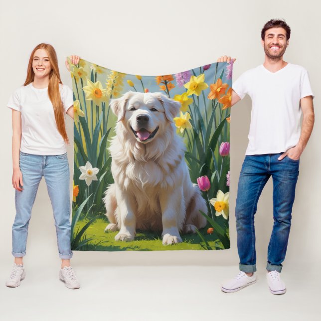 Stora Pyrenéerhund vårblommor målning Fleecefilt (På plats)
