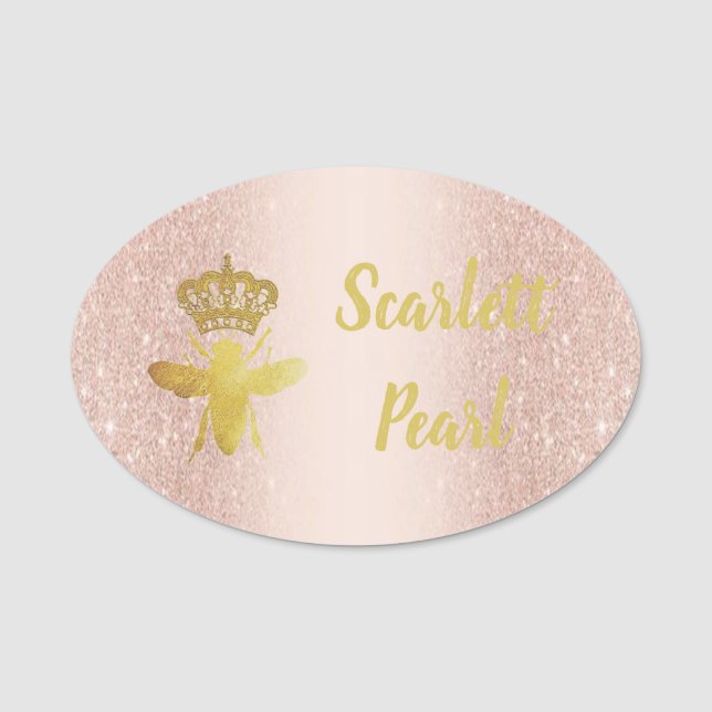 Stora QUEEN BEE Ro Glitter Rosa Badge Magnetic Namnbricka (Framsida)
