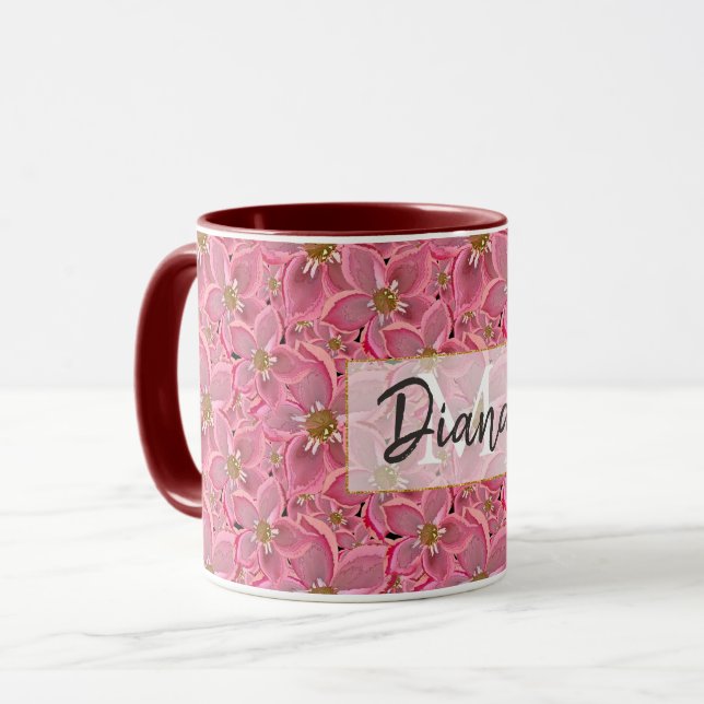 Stora rosa blommor. Tvåtonkaffe mugg (Framsida vänster)