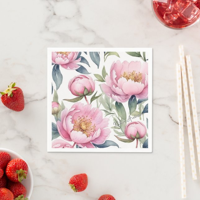 stora rosa peonies vattenfärg pappersservett (Insitu)