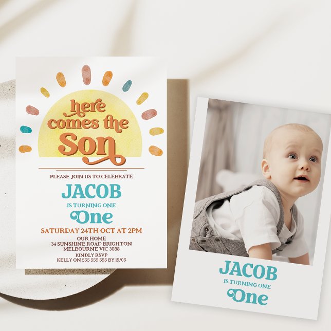 Stora Sol kommer hit Sol 1:a födelsedagen Party Inbjudningar (Here comes the sun first birthday invitation, Sun 1st birthday invitation, Retro, Sunshine birthday)