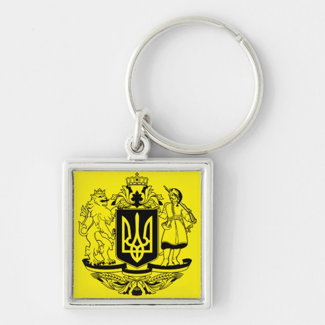 Stora statsvapen av Ukraina Fyrkantig Silverfärgad Nyckelring (Framsidan)