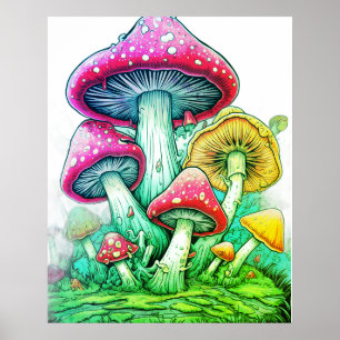 Stora svampar på en vit bakgrund på en vägg poster