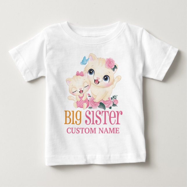 Stora syster färgglad monogram och söta katter t shirt (Framsida)