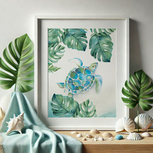 Stora vattenfärgssköldpaddor och Monstera Löv Poster