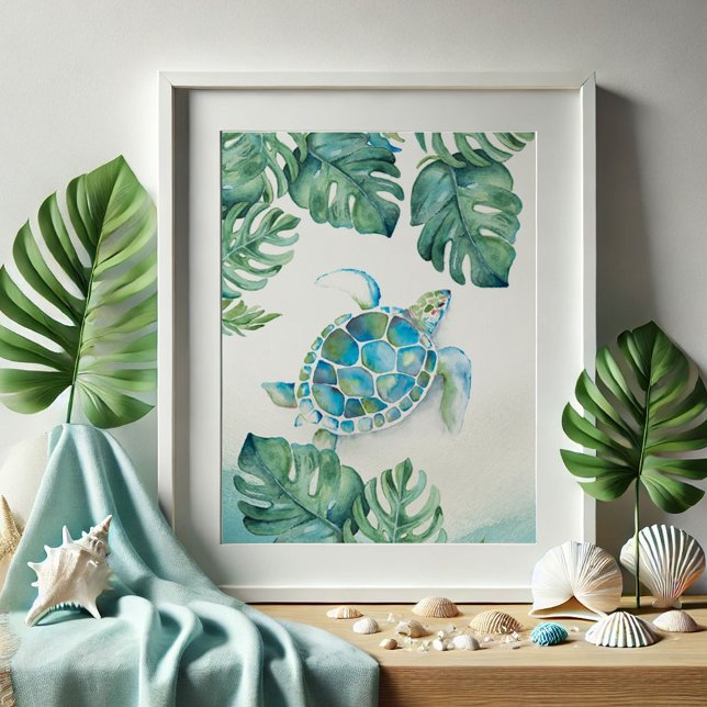 Stora vattenfärgssköldpaddor och Monstera Löv Poster (Beach pictures tropical watercolor sea turtle drawing art by Victoria Grigaliunas Do Tell A Belle)