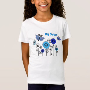 Storasyster, blått & vitfjärilar och blommor tee