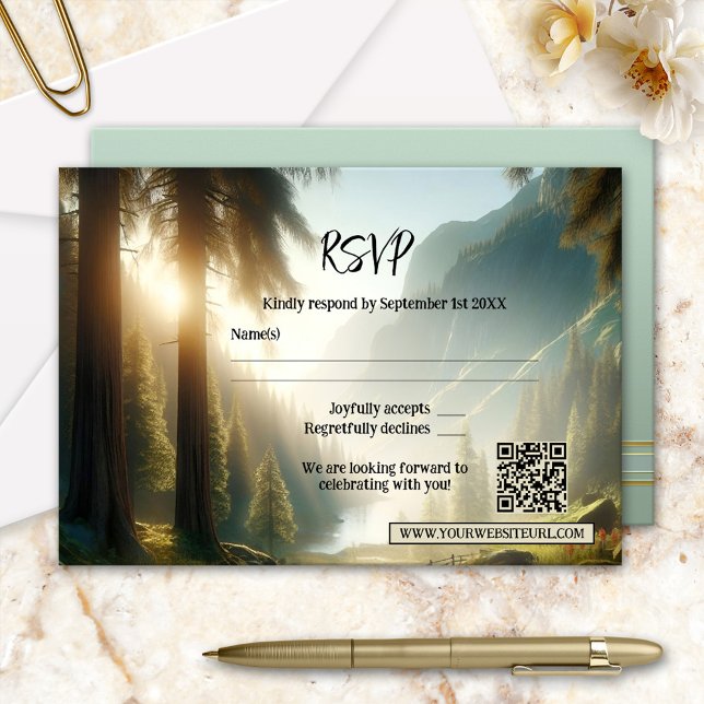 Storberget Bröllop OSA Kort (RSVP card featuring a painting of an enchanted forest in a mountain landscape - with QR code)