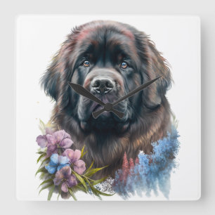 STORBLACK WATERCOLOR NEWFOUNDLAND HUND FYRKANTIG KLOCKA