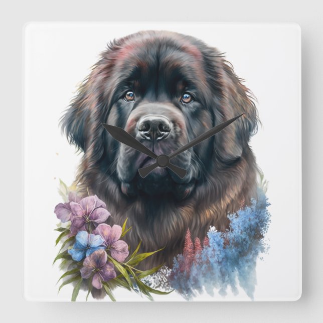 STORBLACK WATERCOLOR NEWFOUNDLAND HUND FYRKANTIG KLOCKA (Framsida)
